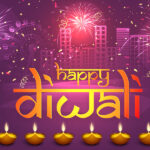 Stylish text Happy Diwali with illuminated lit lamps on firework