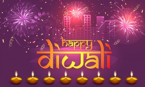 Stylish text Happy Diwali with illuminated lit lamps on firework