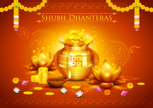 illustration of golden lotus shaped diya on abstract Diwali back